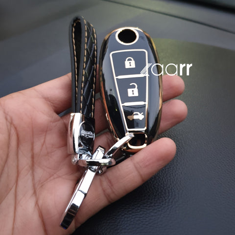 Suzuki 3 Button Key (Ciaz, Baleno, Brezza, S Cross, Ignis) Premium TPU Leather Keycase with Holder & Rope Chain