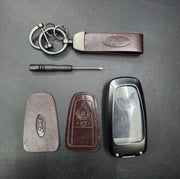 Ford (3 Button) New Key Luxury Metal Alloy Leather Keycase with Holder & Rope Chain