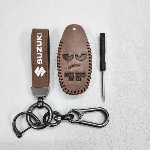 Suzuki Ciaz/Baleno/Scross 3 Button Key Luxury Pure Handmade Oilwax Leather Keycase with Logo, Caption, Hook, and Chain