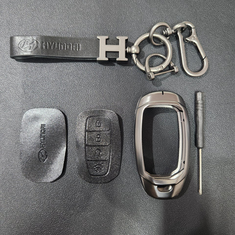 Hyundai Verna (4 Button) Key Luxury Metal Alloy Leather Keycase with Holder & Rope Chain