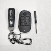 Kia Seltos/Sonet 4 Button Key Luxury Pure Handmade Oilwax Leather Keycase with Logo, Caption, Hook, and Chain