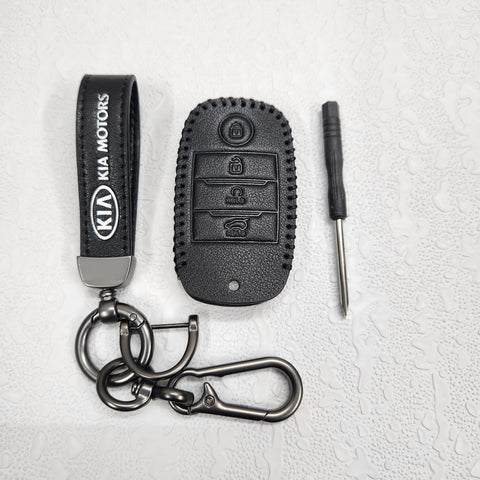 Kia Seltos/Sonet 4 Button Key Luxury Pure Handmade Oilwax Leather Keycase with Logo, Caption, Hook, and Chain