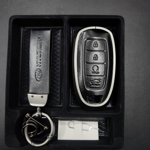 Hyundai Verna/i20 Keyless (4 Button Key) Exclusive Aluminium Alloy Leather 2.0 Keycase with Holder & Rope Chain