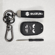 Suzuki Swift/Baleno/Ignis/Scross 2 Button Key Luxury Pure Handmade Oilwax Leather Keycase with Logo, Caption, Hook, and Chain