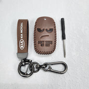 Kia Seltos/Sonet 4 Button Key Luxury Pure Handmade Oilwax Leather Keycase with Logo, Caption, Hook, and Chain