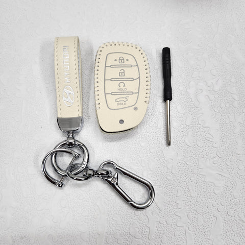 Hyundai Alcazar/Creta/i20 4 Button Key Luxury Pure Handmade Oilwax Leather Keycase with Logo, Caption, Hook, and Chain