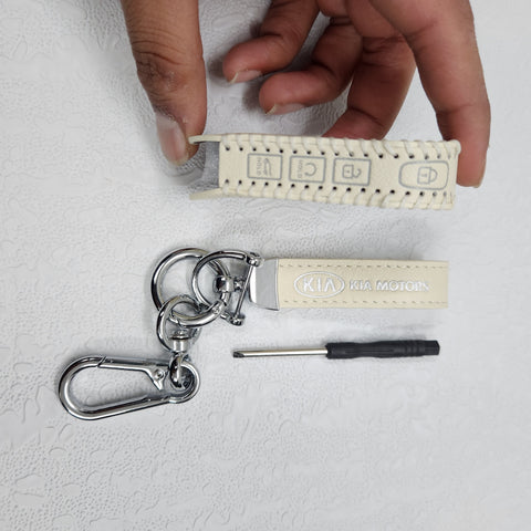 Kia Facelift New 4 Button Key Luxury Pure Handmade Oilwax Leather Keycase with Logo, Caption, Hook, and Chain