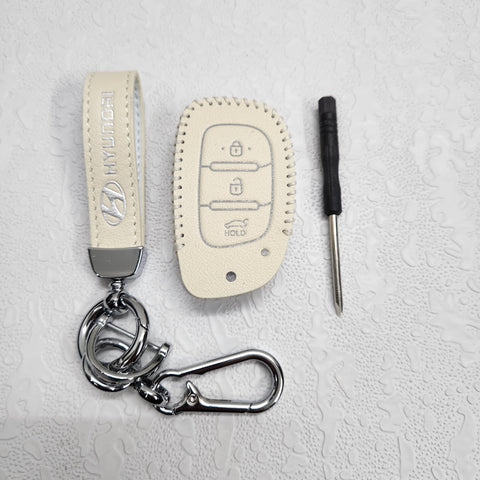 Hyundai Creta/i20/Aura/i10 3 Button Key Luxury Pure Handmade Oilwax Leather Keycase with Logo, Caption, Hook, and Chain
