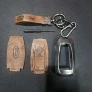 Ford (3 Button) New Key Luxury Metal Alloy Leather Keycase with Holder & Rope Chain