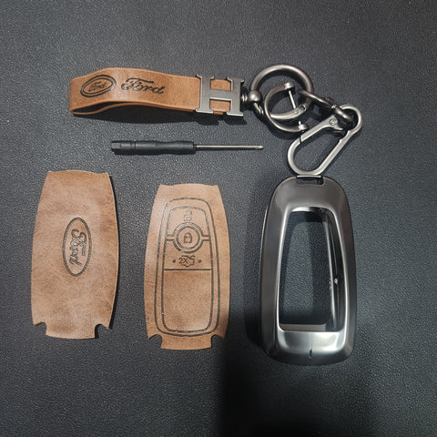 Ford (3 Button) New Key Luxury Metal Alloy Leather Keycase with Holder & Rope Chain