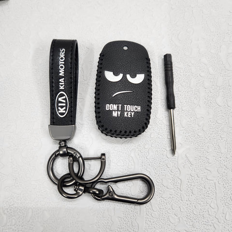 Kia Seltos/Sonet 4 Button Key Luxury Pure Handmade Oilwax Leather Keycase with Logo, Caption, Hook, and Chain