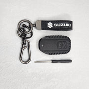 Suzuki Swift/Baleno/Ignis/Scross 2 Button Key Luxury Pure Handmade Oilwax Leather Keycase with Logo, Caption, Hook, and Chain