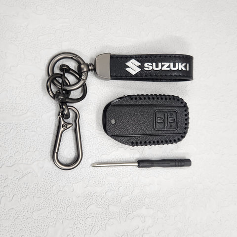 Suzuki Swift/Baleno/Ignis/Scross 2 Button Key Luxury Pure Handmade Oilwax Leather Keycase with Logo, Caption, Hook, and Chain
