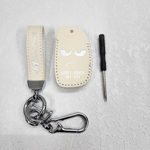 Hyundai Creta/i20/Aura/i10 3 Button Key Luxury Pure Handmade Oilwax Leather Keycase with Logo, Caption, Hook, and Chain