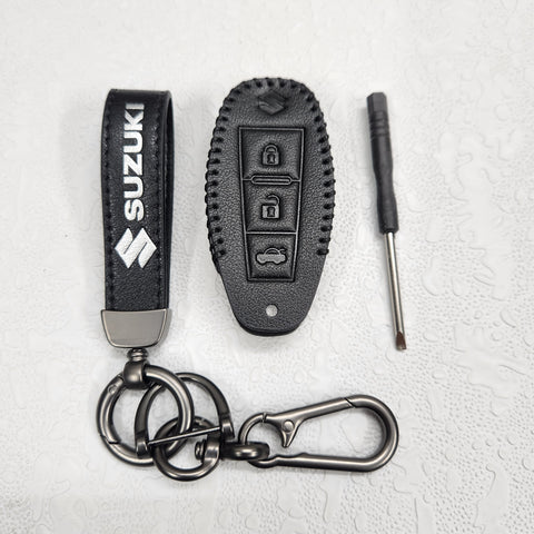 Suzuki Ciaz/Baleno/Scross 3 Button Key Luxury Pure Handmade Oilwax Leather Keycase with Logo, Caption, Hook, and Chain