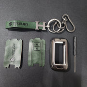 Suzuki 2 Button Key (Baleno, Brezza, S Cross, Swift, Ignis) Luxury Metal Alloy Leather Keycase with Holder & Rope Chain