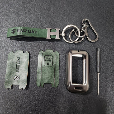 Suzuki 2 Button Key (Baleno, Brezza, S Cross, Swift, Ignis) Luxury Metal Alloy Leather Keycase with Holder & Rope Chain