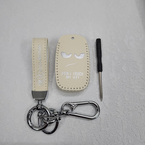 Kia Seltos/Sonet 4 Button Key Luxury Pure Handmade Oilwax Leather Keycase with Logo, Caption, Hook, and Chain