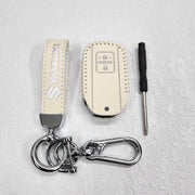 Suzuki Swift/Baleno/Ignis/Scross 2 Button Key Luxury Pure Handmade Oilwax Leather Keycase with Logo, Caption, Hook, and Chain