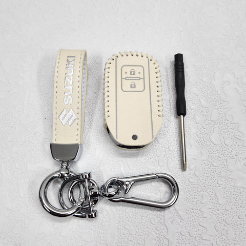 Suzuki Swift/Baleno/Ignis/Scross 2 Button Key Luxury Pure Handmade Oilwax Leather Keycase with Logo, Caption, Hook, and Chain