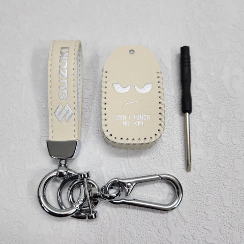 Suzuki Swift/Baleno/Ignis/Scross 2 Button Key Luxury Pure Handmade Oilwax Leather Keycase with Logo, Caption, Hook, and Chain