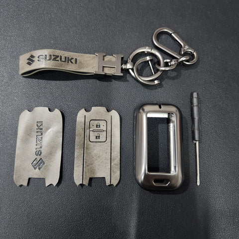 Suzuki 2 Button Key (Baleno, Brezza, S Cross, Swift, Ignis) Luxury Metal Alloy Leather Keycase with Holder & Rope Chain