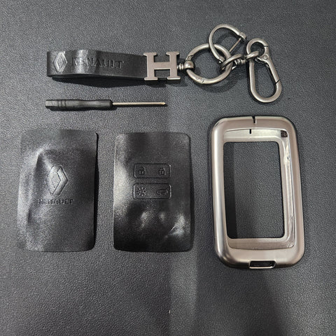 Renault New Key Metal Alloy Leather Keycase with Holder & Rope Chain