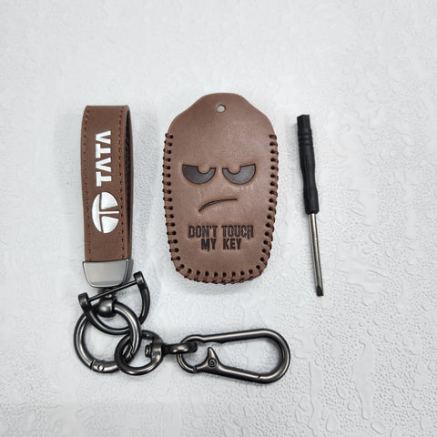 Tata Harrier/Nexon/Safari Luxury Pure Handmade Oilwax Leather Keycase with Logo, Caption, Hook, and Chain