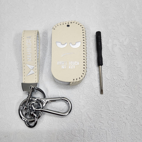 Mahindra XUV700,Scorpio,Thar Luxury Pure Handmade Oilwax Leather Keycase with Logo, Caption, Hook, and Chain