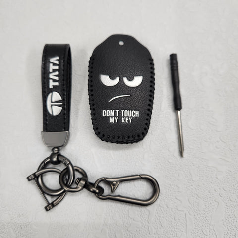 Tata Harrier/Nexon/Safari Luxury Pure Handmade Oilwax Leather Keycase with Logo, Caption, Hook, and Chain