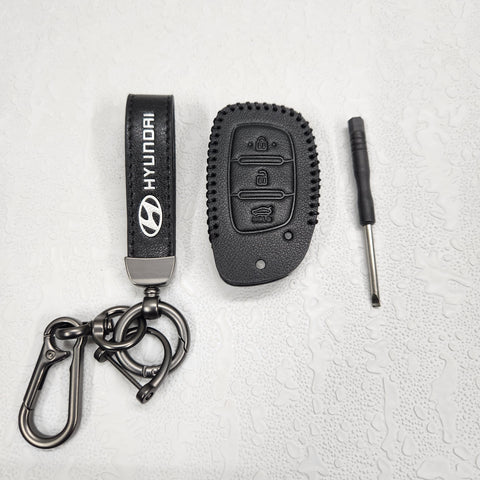 Hyundai Creta/i20/Aura/i10 3 Button Key Luxury Pure Handmade Oilwax Leather Keycase with Logo, Caption, Hook, and Chain