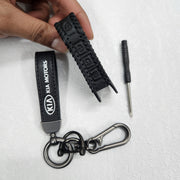 Kia Facelift New 4 Button Key Luxury Pure Handmade Oilwax Leather Keycase with Logo, Caption, Hook, and Chain