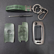Volkswagen Old Flip Key Metal Alloy Leather Keycase with Holder & Rope Chain