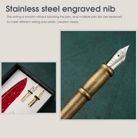 Vintage Carving Glittering Quill Pen Set Antique Calligraphy set Writing Dip Pen with Black Ink, 2 Replacement Nibs, Pen Stand Base, Luxury Signature Pen.