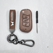 Mahindra XUV700,Scorpio,Thar Luxury Pure Handmade Oilwax Leather Keycase with Logo, Caption, Hook, and Chain