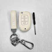 Hyundai i20/Creta Flip Key Luxury Pure Handmade Oilwax Leather Keycase with Logo, Caption, Hook, and Chain