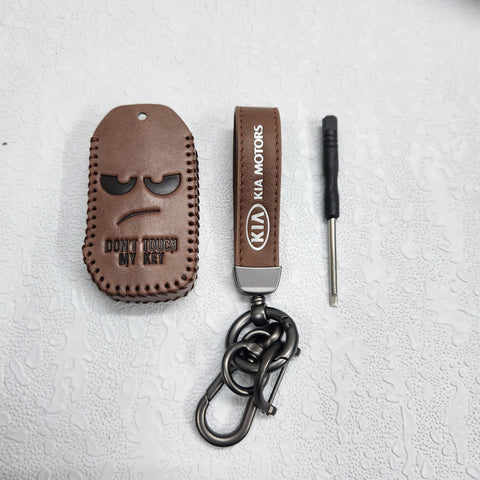 Kia Facelift New 4 Button Key Luxury Pure Handmade Oilwax Leather Keycase with Logo, Caption, Hook, and Chain