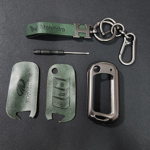 Mahindra XUV700/Scorpio/XUV300 New Flip Key Luxury Metal Alloy Leather Keycase with Holder & Rope Chain