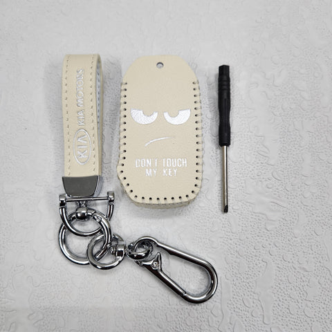 Kia Facelift New 4 Button Key Luxury Pure Handmade Oilwax Leather Keycase with Logo, Caption, Hook, and Chain