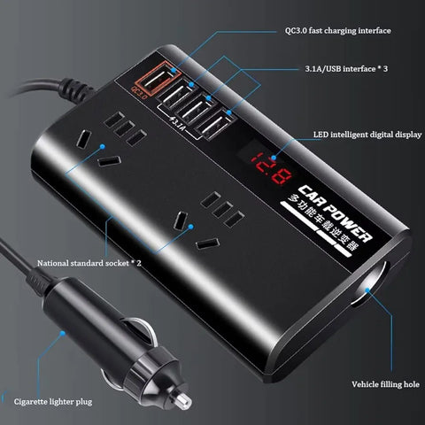 200W On-Board Power Inverter 12/24DC to 110-220V On-Board Inverter 4 USB Ports, with Switch and LED Display