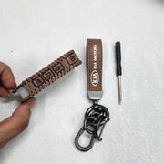 Kia Facelift New 4 Button Key Luxury Pure Handmade Oilwax Leather Keycase with Logo, Caption, Hook, and Chain