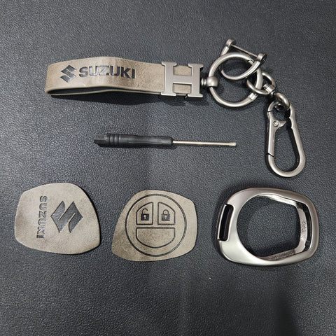 Suzuki Old Key Metal Alloy Leather Keycase with Holder & Rope Chain