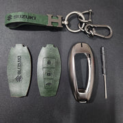 Suzuki 3 Button Key (Ciaz, Baleno, Brezza, S Cross, Ignis) Luxury Metal Alloy Leather Keycase with Holder & Rope Chain
