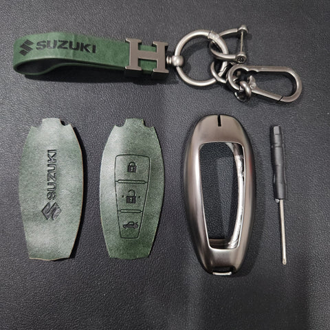 Suzuki 3 Button Key (Ciaz, Baleno, Brezza, S Cross, Ignis) Luxury Metal Alloy Leather Keycase with Holder & Rope Chain