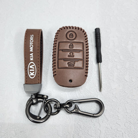 Kia Seltos/Sonet 4 Button Key Luxury Pure Handmade Oilwax Leather Keycase with Logo, Caption, Hook, and Chain