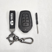 Tata Harrier/Nexon/Safari Luxury Pure Handmade Oilwax Leather Keycase with Logo, Caption, Hook, and Chain