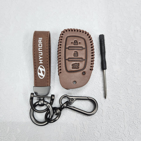 Hyundai Creta/i20/Aura/i10 3 Button Key Luxury Pure Handmade Oilwax Leather Keycase with Logo, Caption, Hook, and Chain