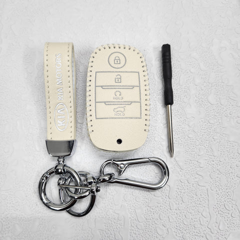 Kia Seltos/Sonet 4 Button Key Luxury Pure Handmade Oilwax Leather Keycase with Logo, Caption, Hook, and Chain
