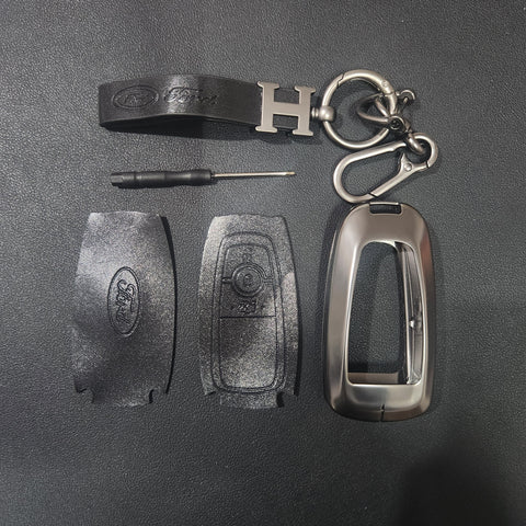 Ford (3 Button) New Key Luxury Metal Alloy Leather Keycase with Holder & Rope Chain