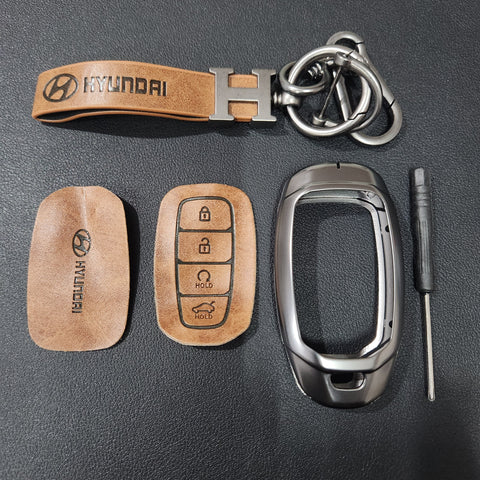 Hyundai Verna (4 Button) Key Luxury Metal Alloy Leather Keycase with Holder & Rope Chain